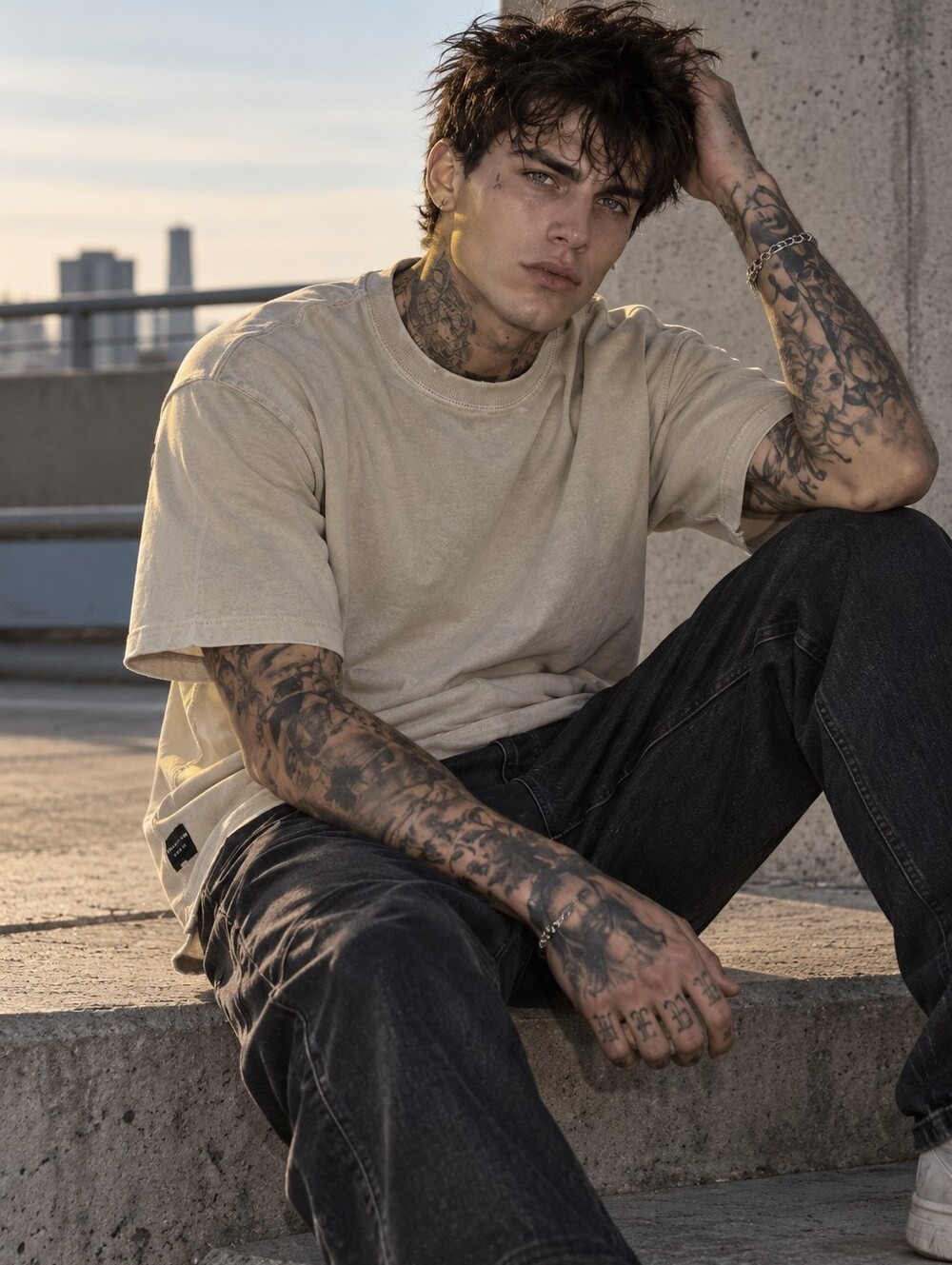 Bershka Men’s XL Cream Oversized T-Shirt Drop Shoulder Raw Hem Y2K Streetwear